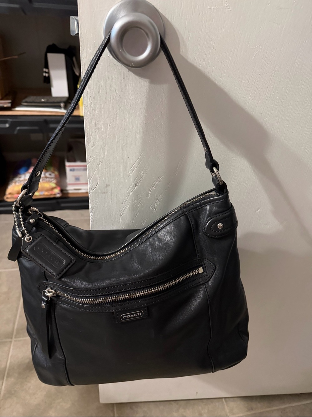 Coach Daisy F23937 Black Leather Hobo Shoulder Bag Silver Hardware Purse